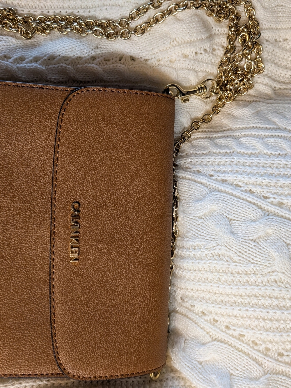 Calvin Klein Tan Leather Crossbody Bag with Gold Chain